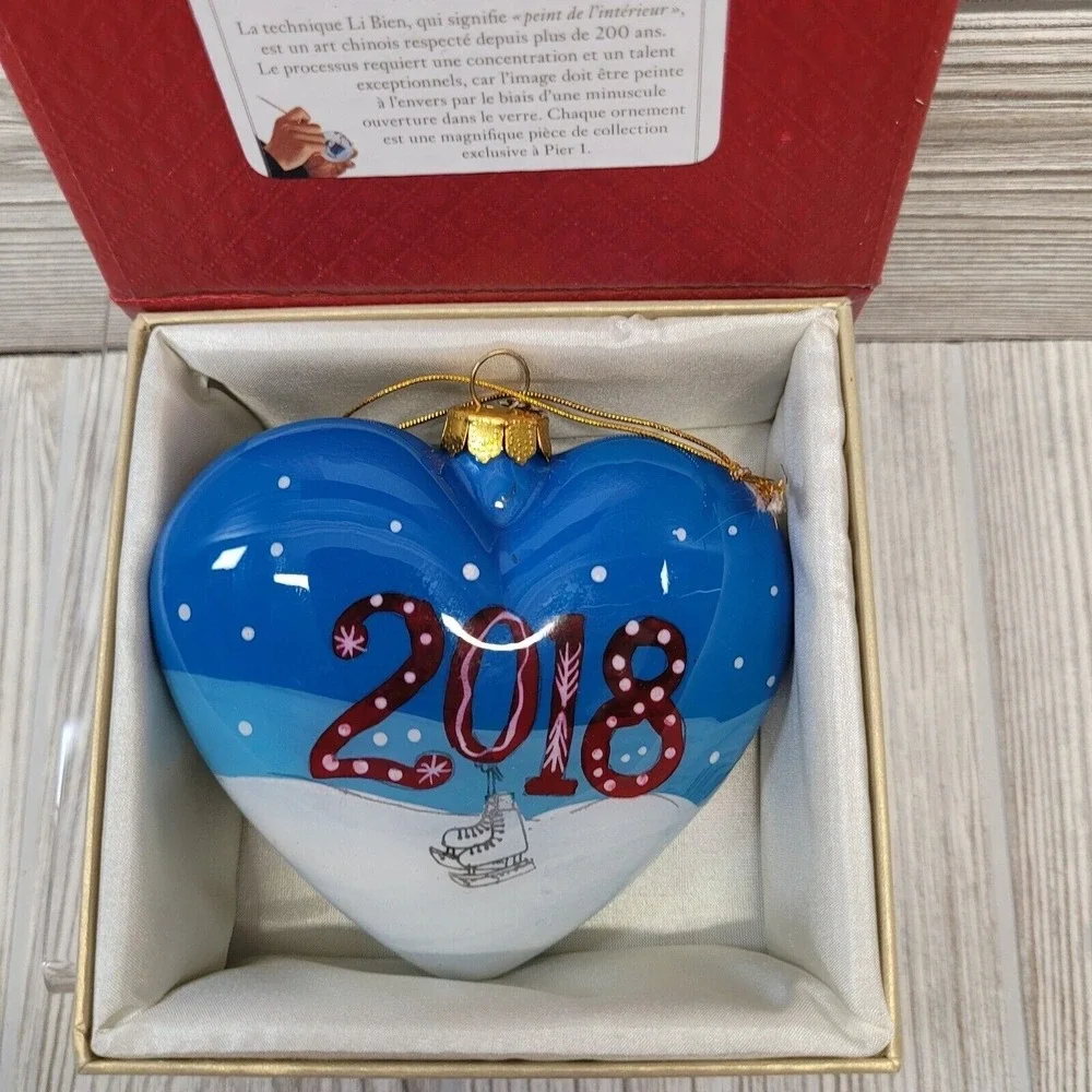 Li‎ Bien Pier 1 Imports 2018 Heart Glass Ornament Ice Skating Bunnies Blue Boxed